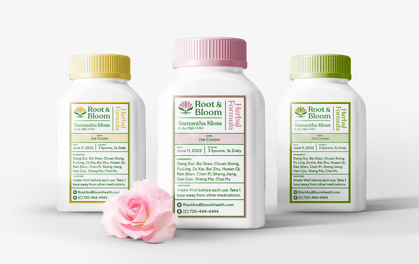 Herbal formula bottles for Root & Bloom