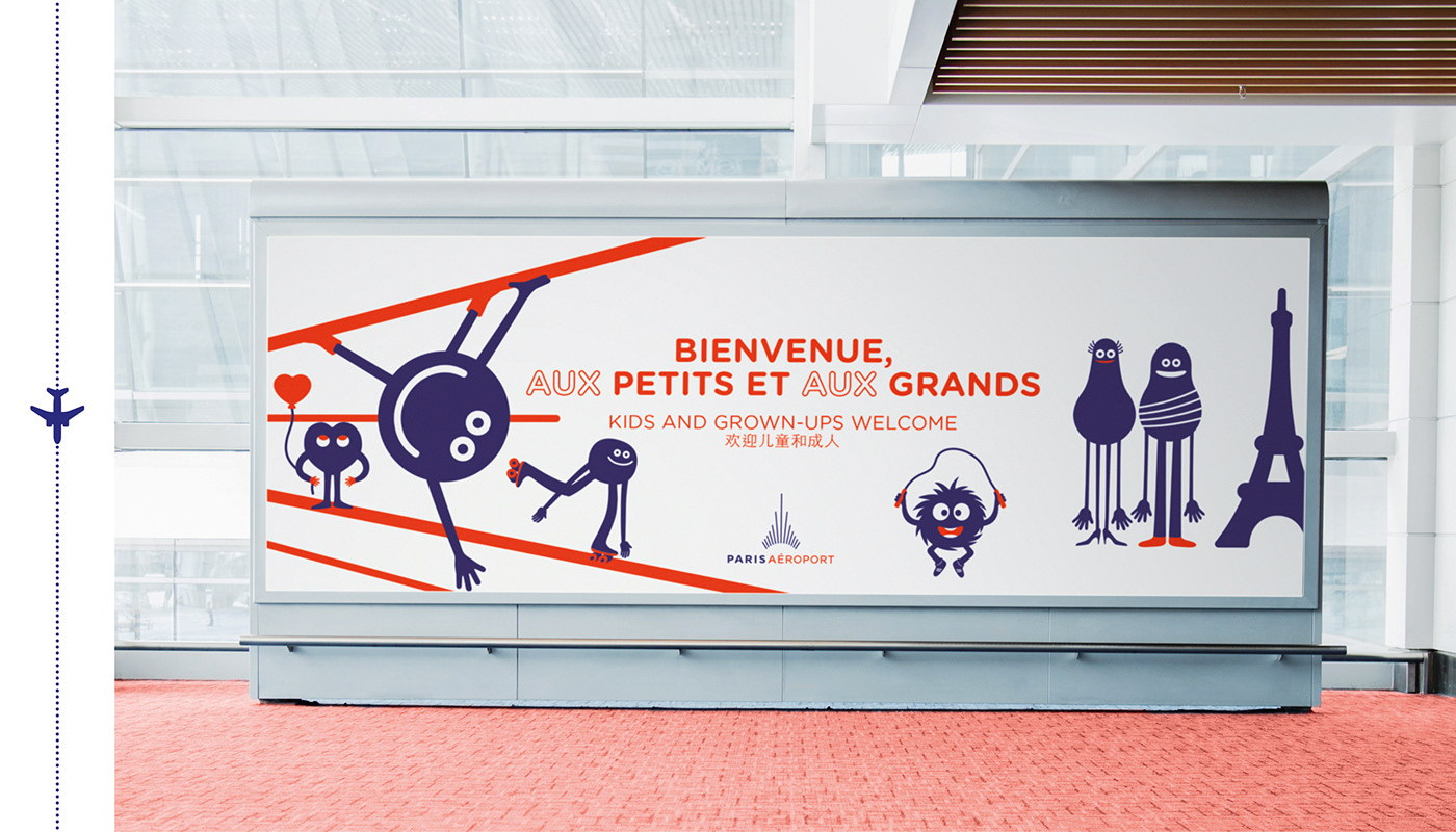aéroport branding  Famille illsutration Paris personnages publicité signalétique