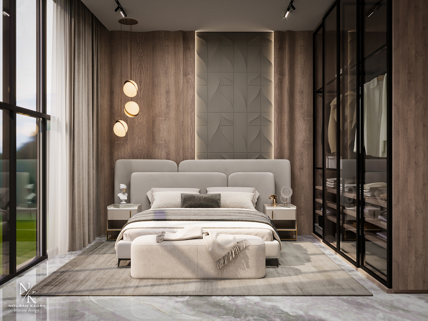 modern villa design brown gray 3ds max corona Render visualization dark guestroom
