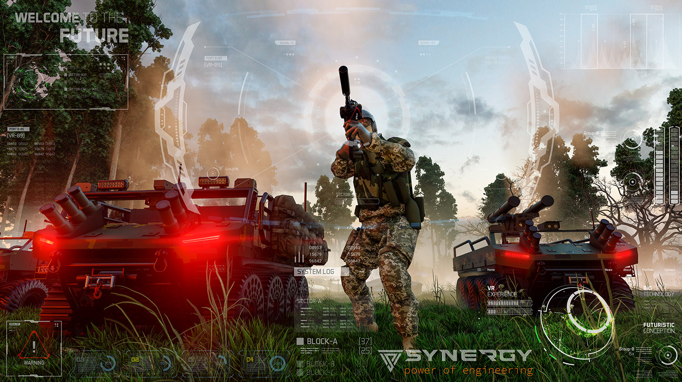 3D army concept Land Vehicle Military Render soldier UGV visualization Weapon