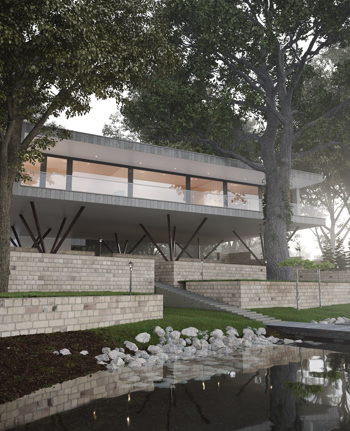 3D architecture archviz CGI exterior forest house Nature Tree  visualization