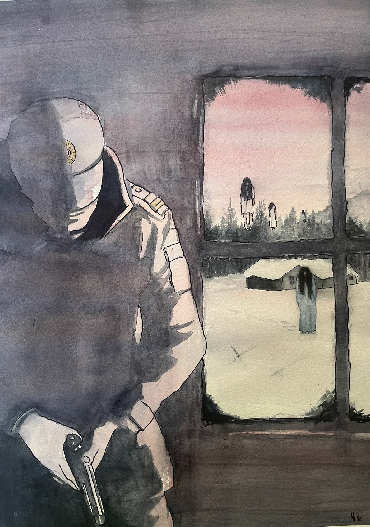 watercolor ILLUSTRATION  Scary police winter арт design