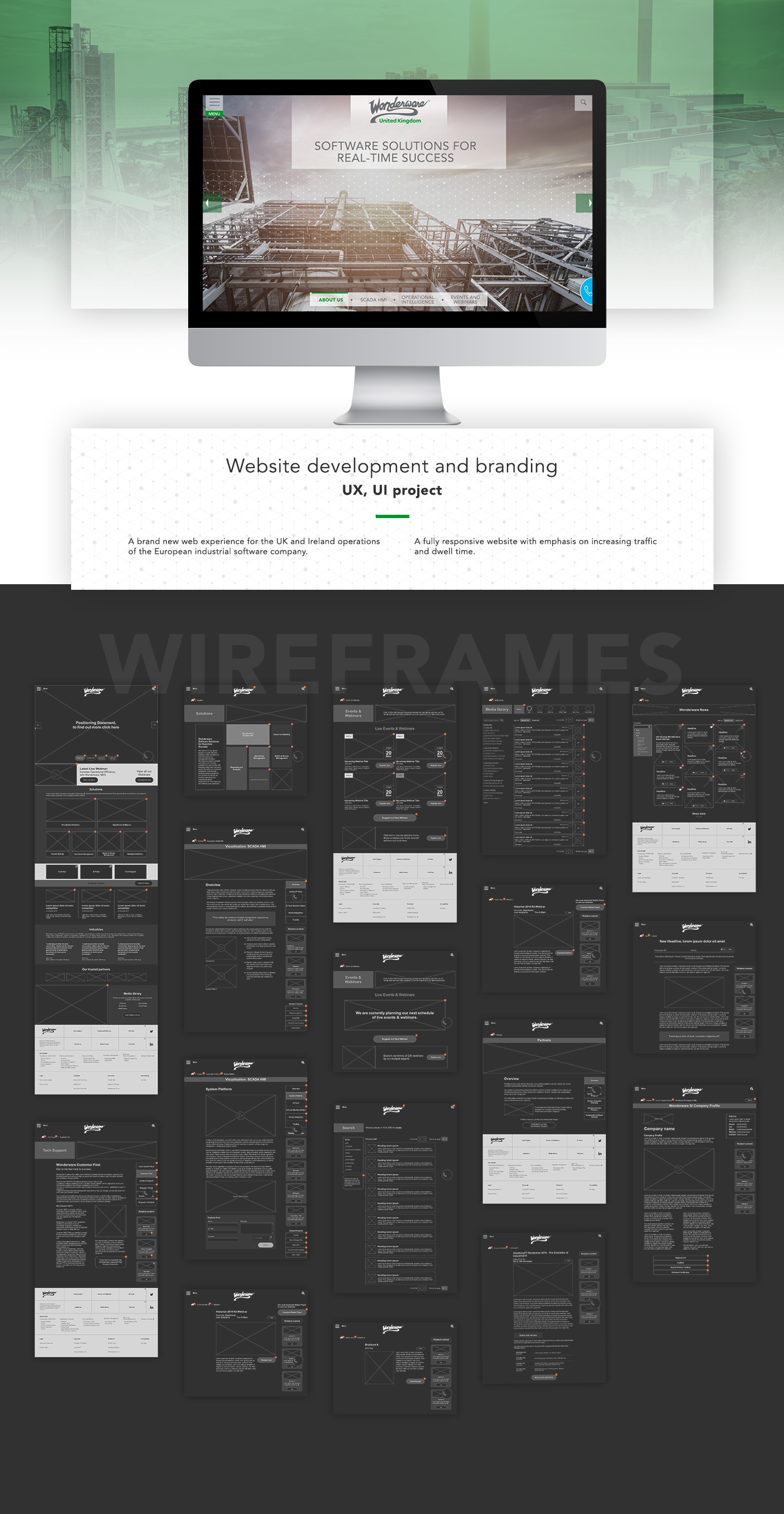 software industrial factory Interface grey green icons Responsive wireframes