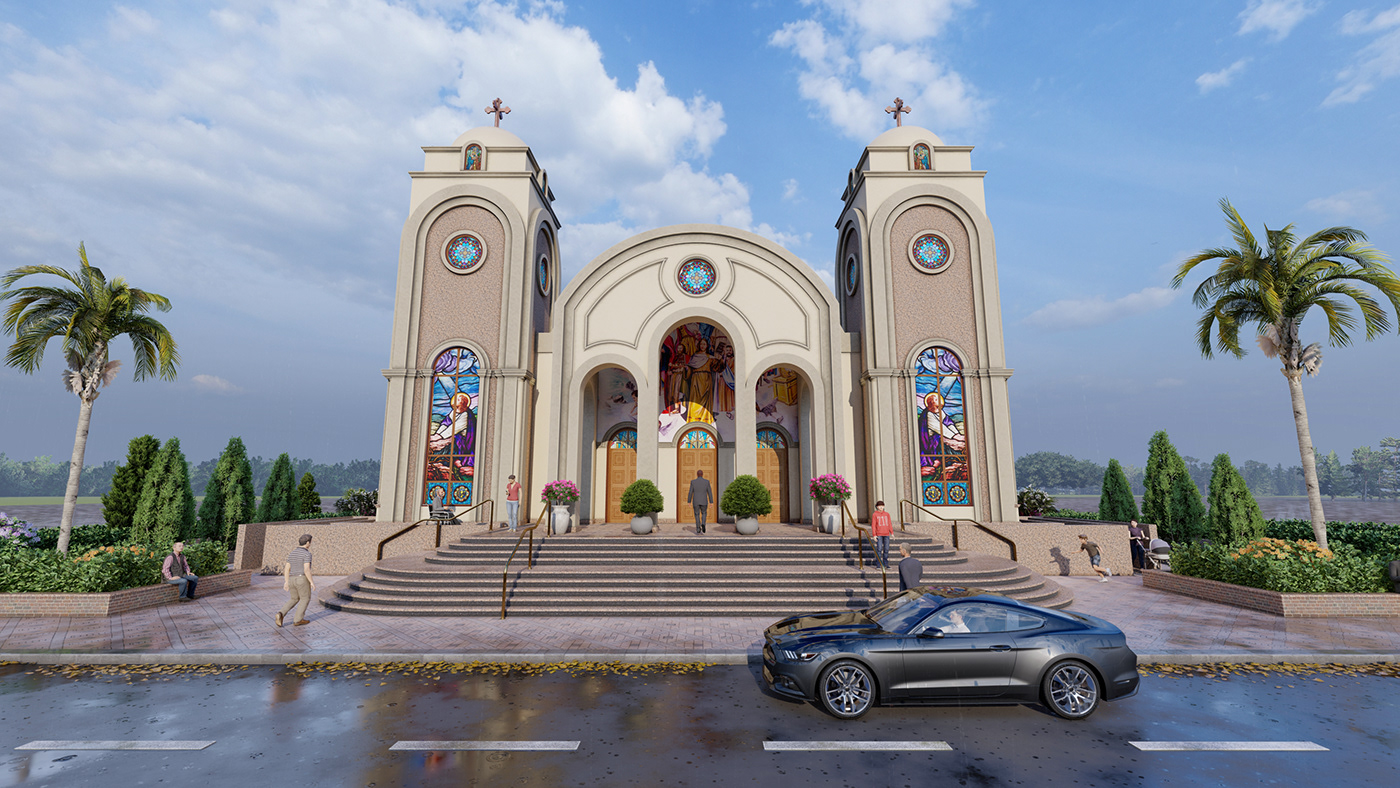 church architecture visualization 3D Render exterior CGI coptic design