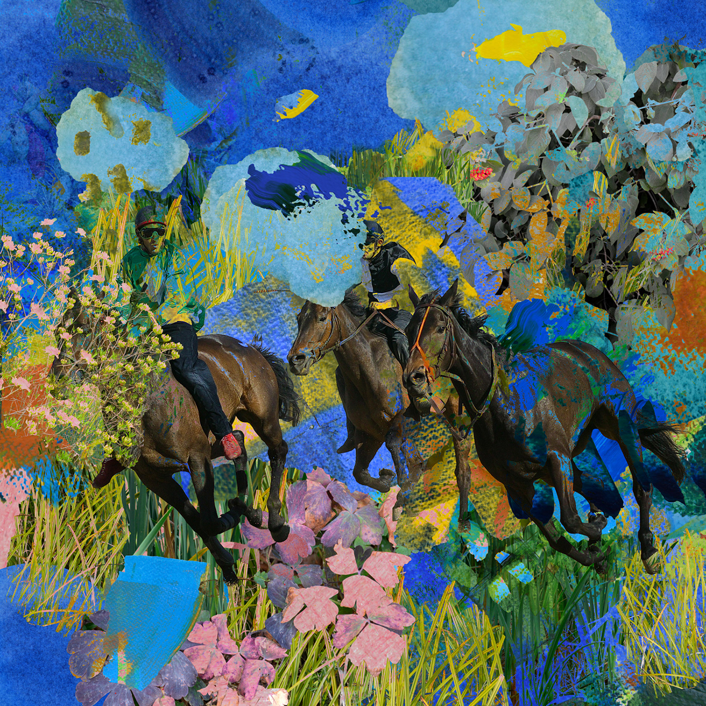 Digital Collage photomontage Digital Art  blue yellow figures and landscapes race horses