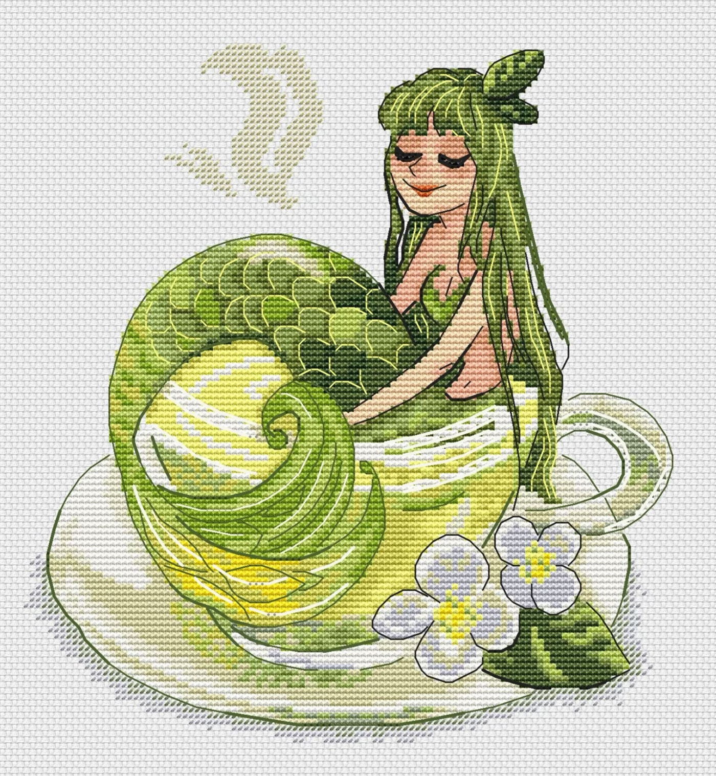 cross stitch pattern pattern Embroidery thread art mermaid Tea Time cup of tea green palette jasmine flowers