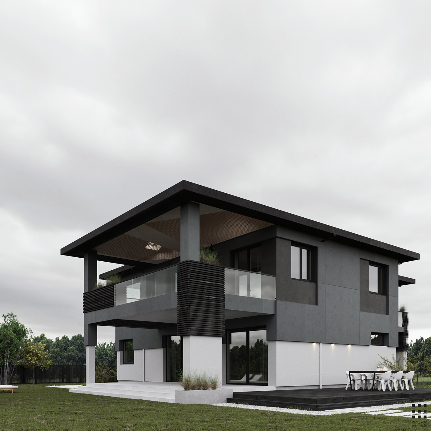 Fibercement wood black minimal house CG visualization CoronaRender  3D exterior