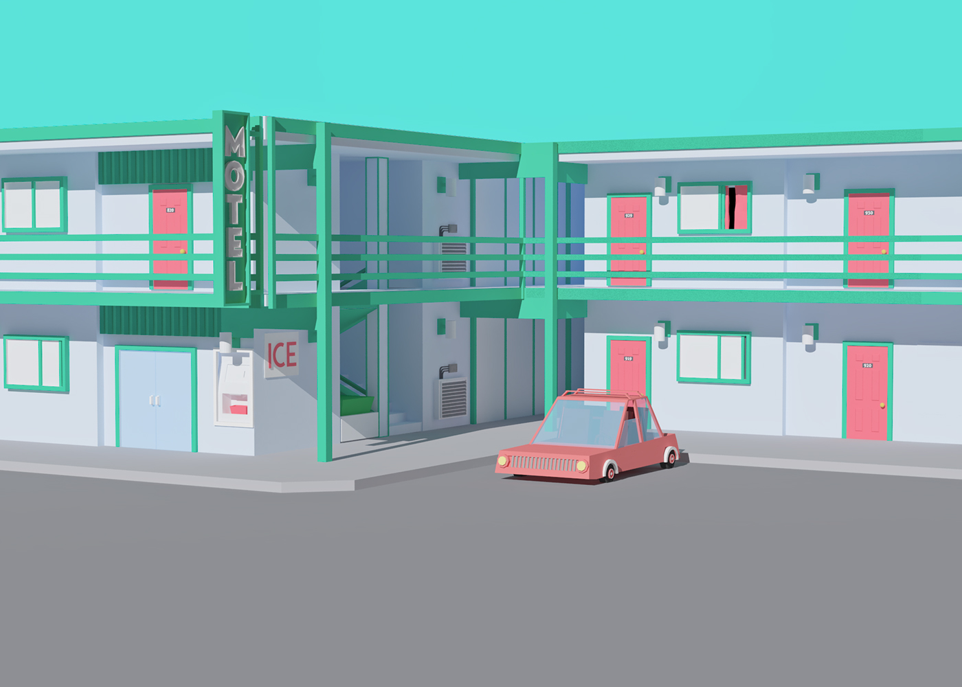 lowpoly 3D motel america car hotel Low Poly