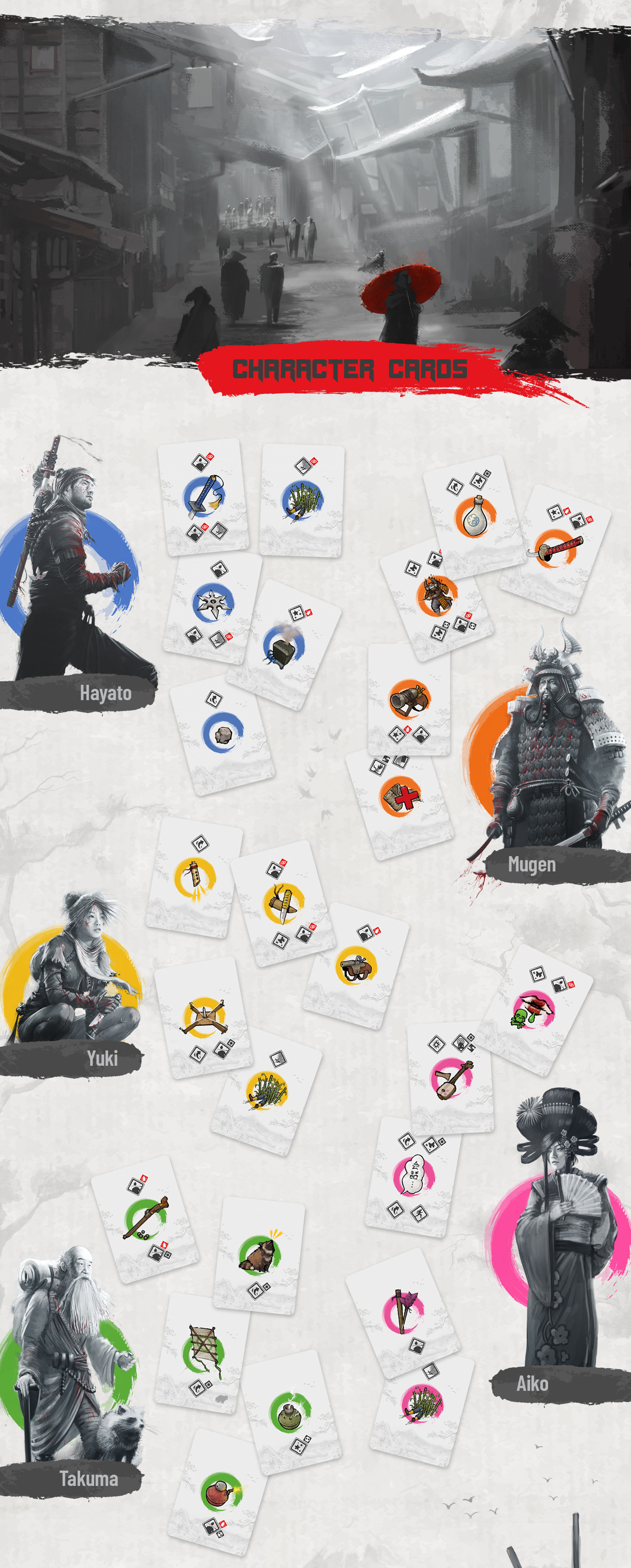 board game box cards iconography japanese rulebook samurai shadow tactics vector