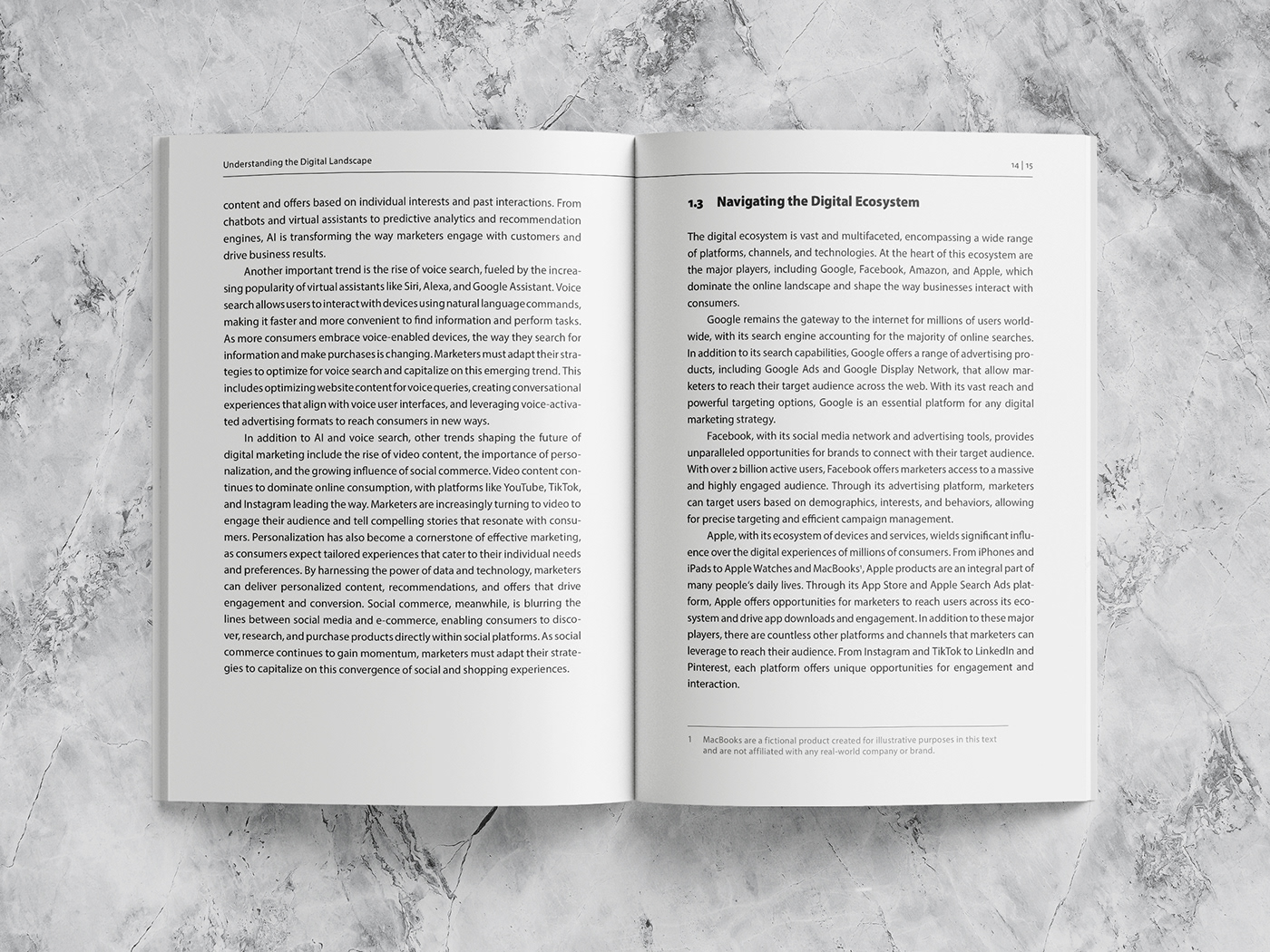 Book mockup – spread: Body text, subheading and a footnote