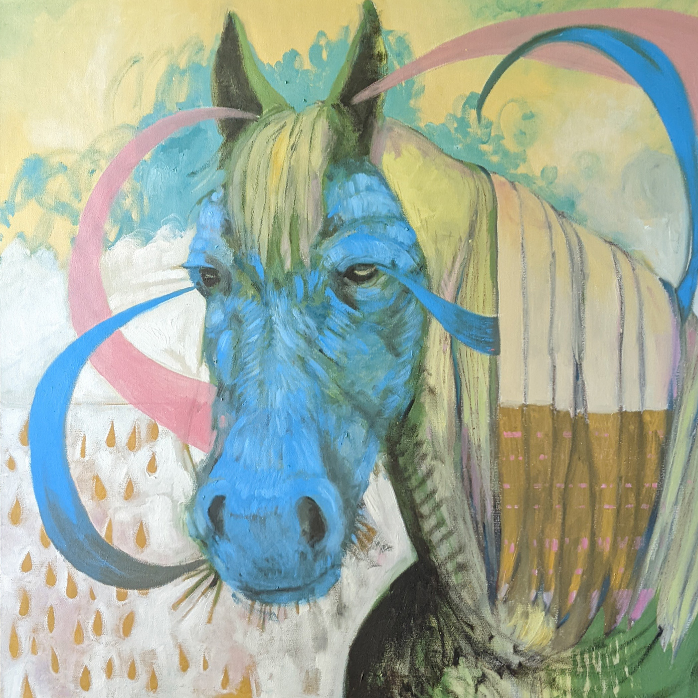 A blue horse exhales energy waves against a backdrop of tears.