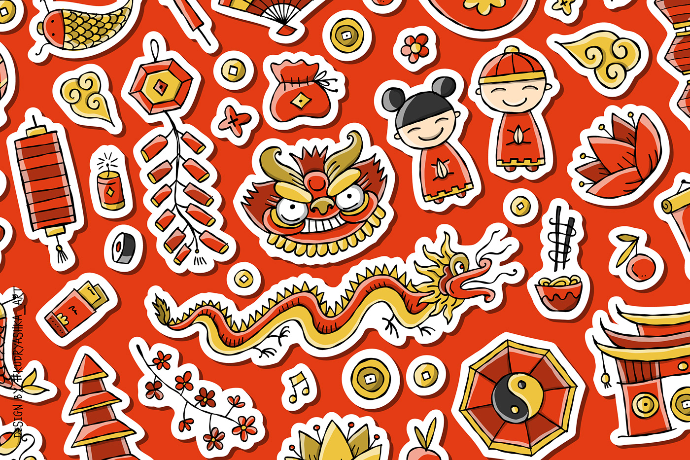 China Stickers Chinese decor Chinese Dragons Chinese icons Chinese icons set chinese new year Chinese New Year holiday icons set Vector Illustration