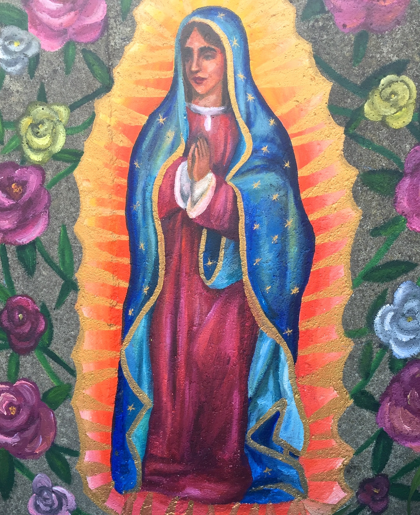 Virgin of Guadalupe our lady Guadalupe Mural wall concrete colorful Flowers virgin Catholic mexico garden outdoors paint Frida Kahlo
