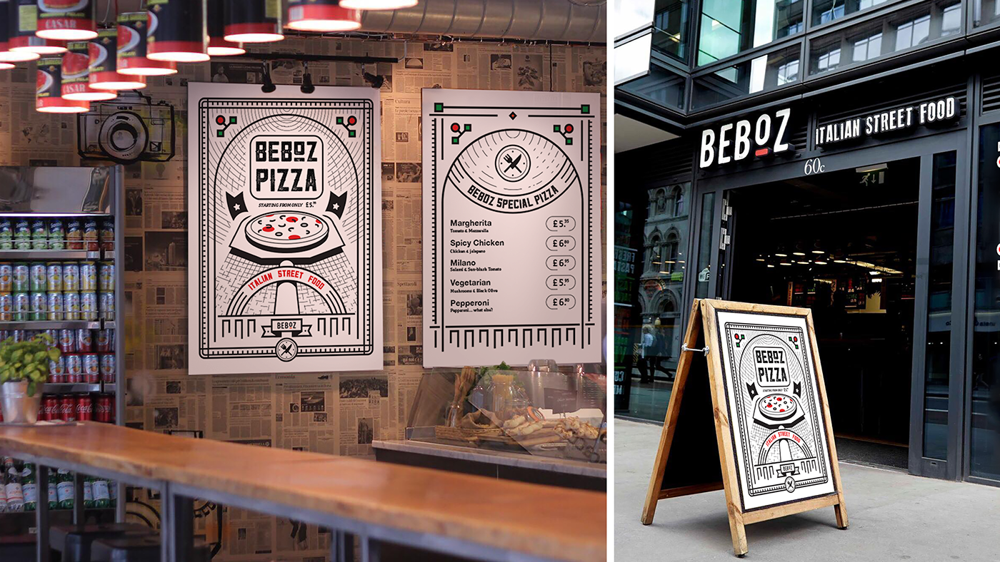 Food  Pizza beboz Italy italian line art strokes restaurant black and white identity