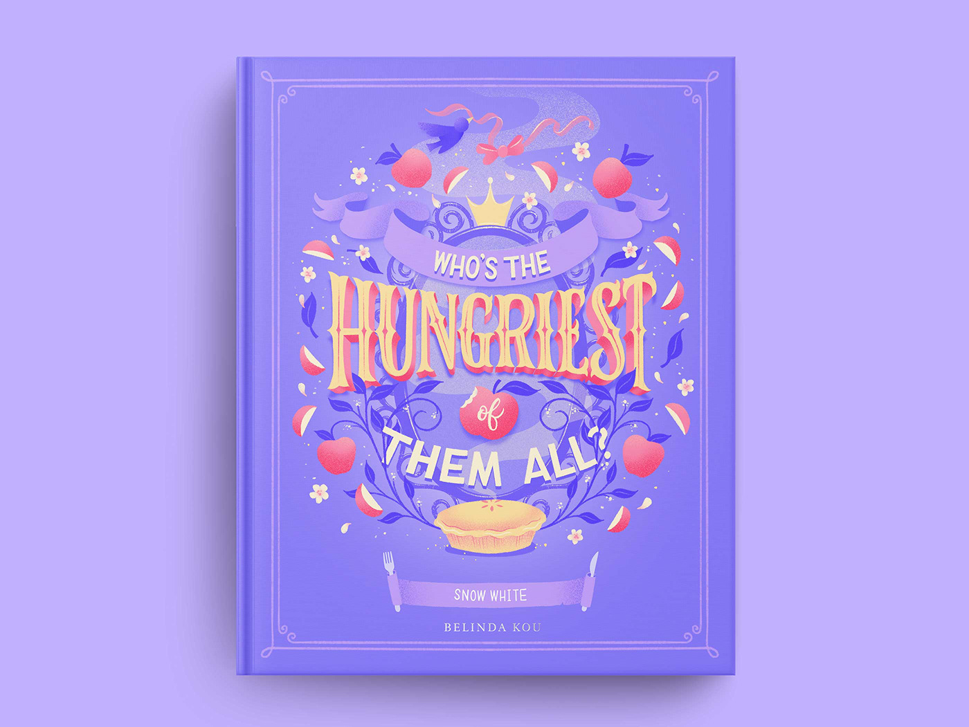 Snow White book cover art featuring hand lettering and illustrations of fairy tale and food art