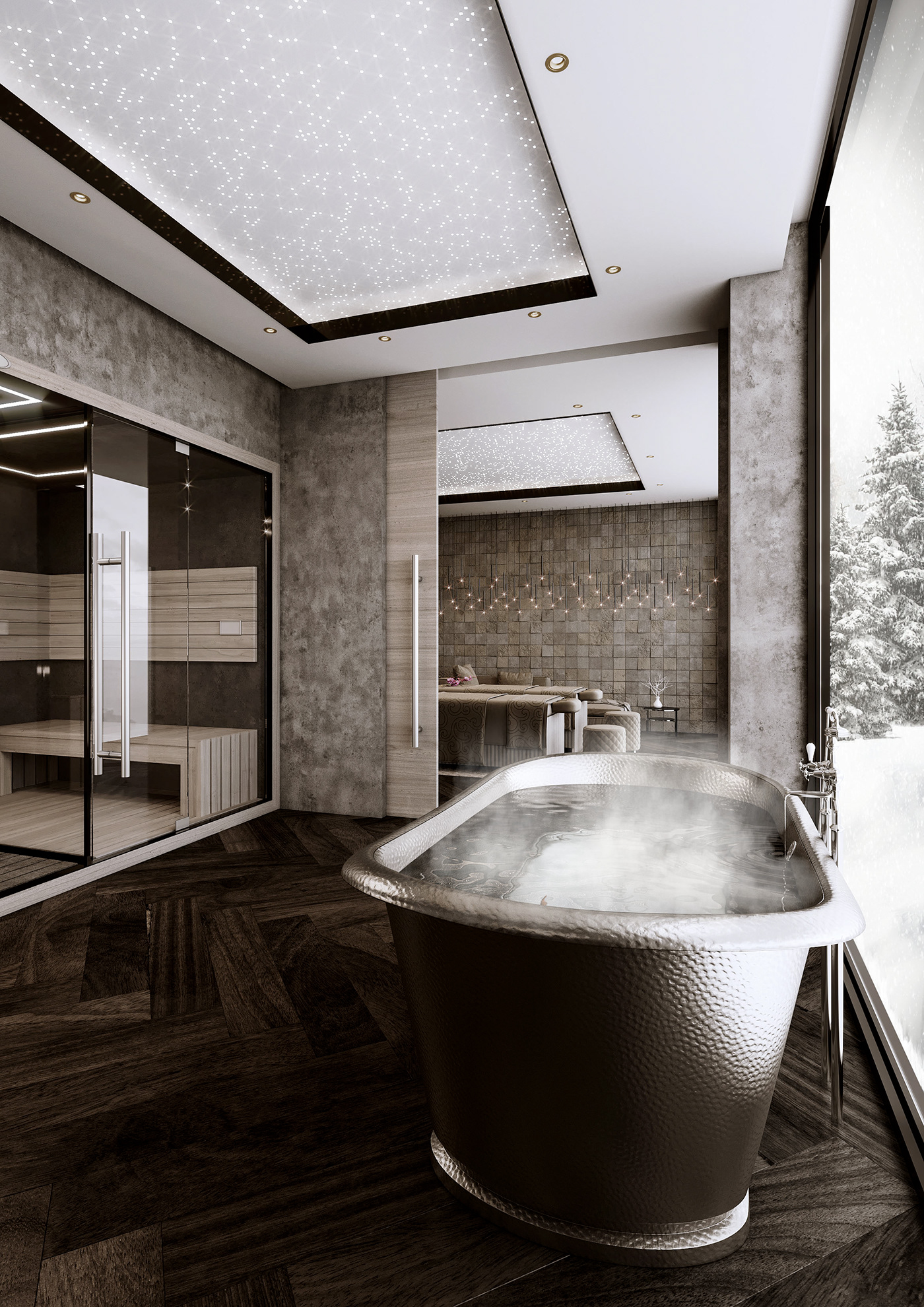 winter Spa resort Health Wellness Sauna snow Interior archviz Render