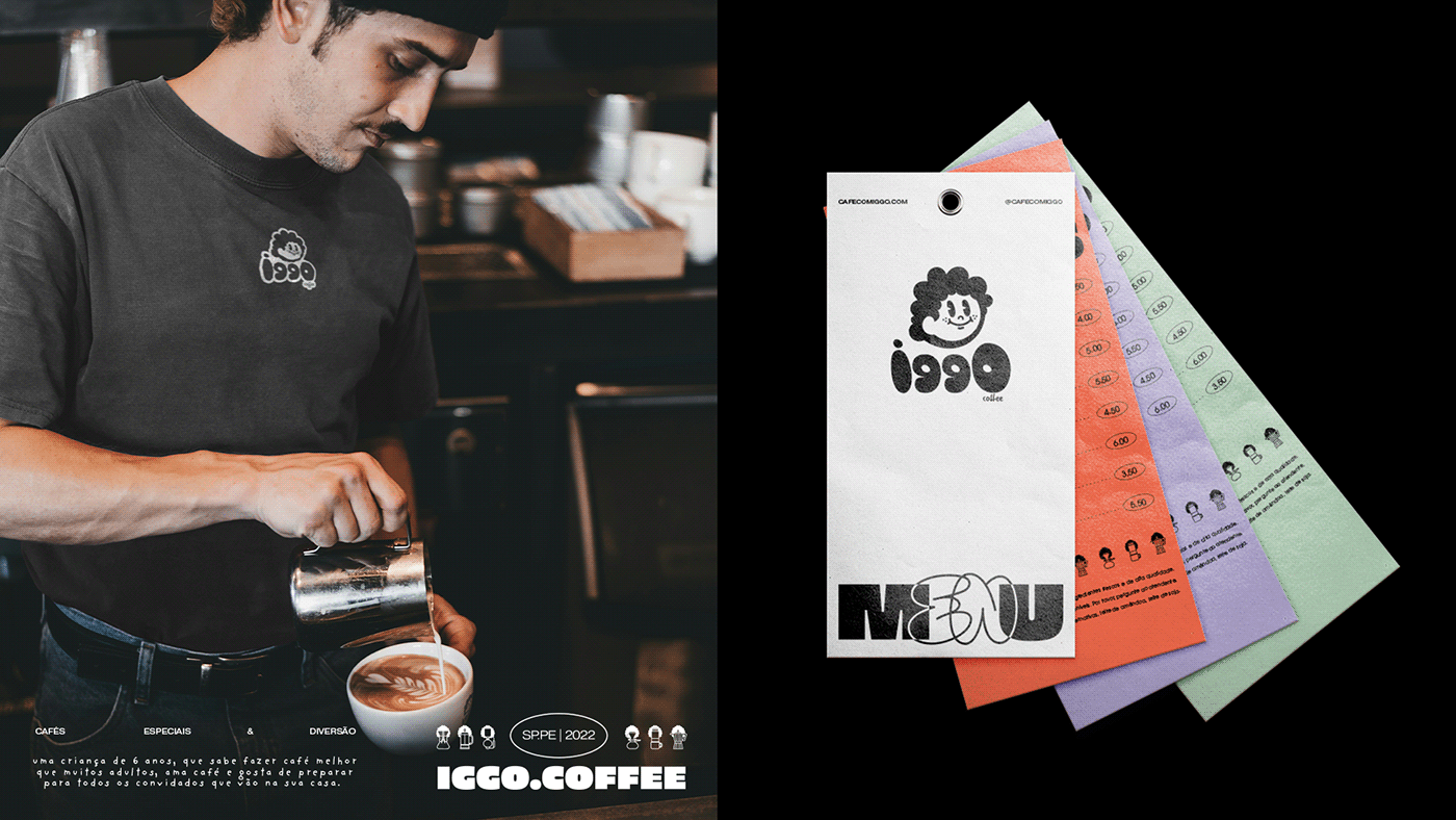 young man serving coffee, cafe menu, colorful, separated by pages for each item.
