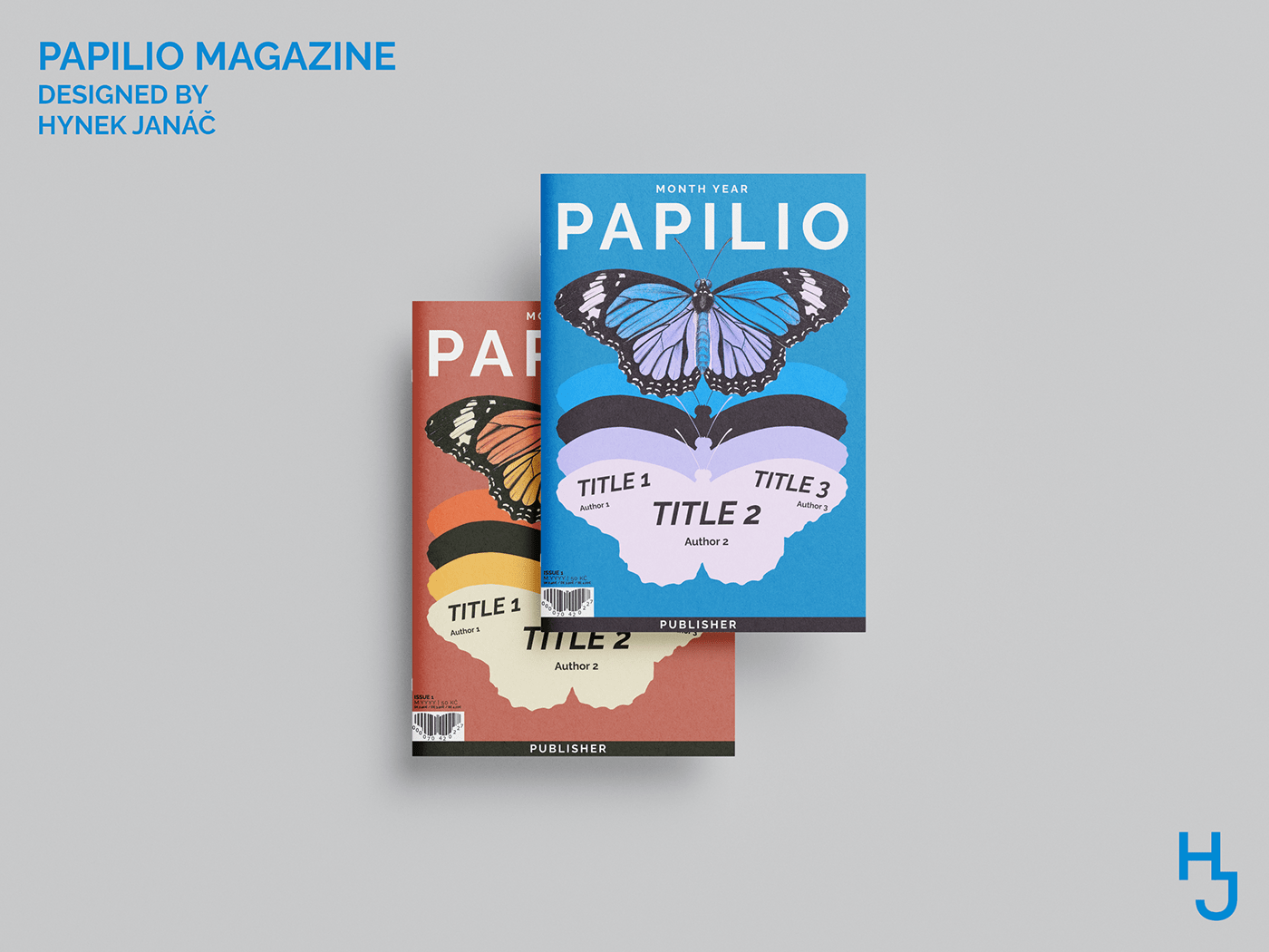 Red and blue magazine covers with big butterflyies and PAPILIO text
