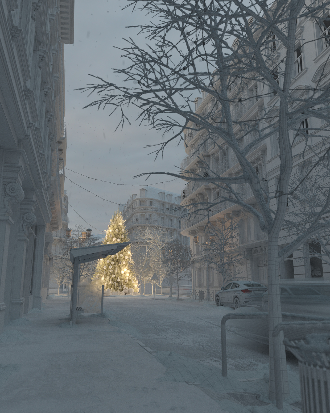 atmosphere Christmas haussmann mood Paris Render rendering snow Street winter