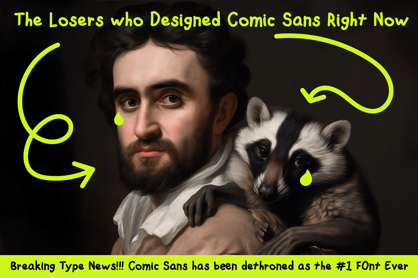 a man and a raccoon cry because they invented comic sans and will no longer be relevant