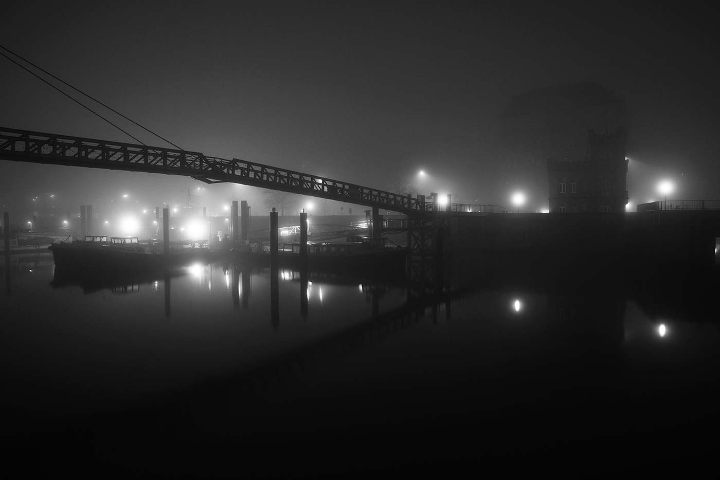 architecture bridge city fog hamburg lights night Photography  street photography Urban