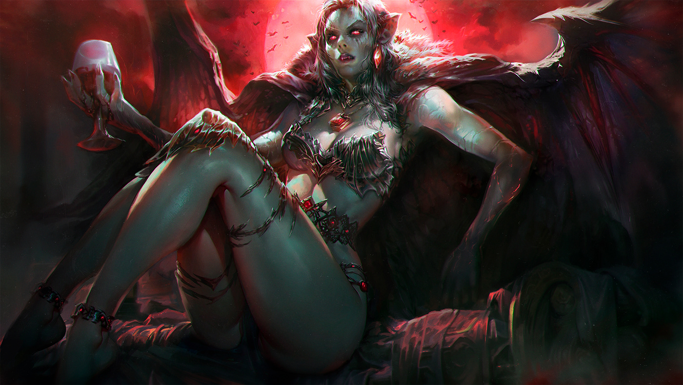 ILLUSTRATION  Dark Fantasy vampire Vampire queen blood wings Digital Art  digital illustration gothic vampire countess