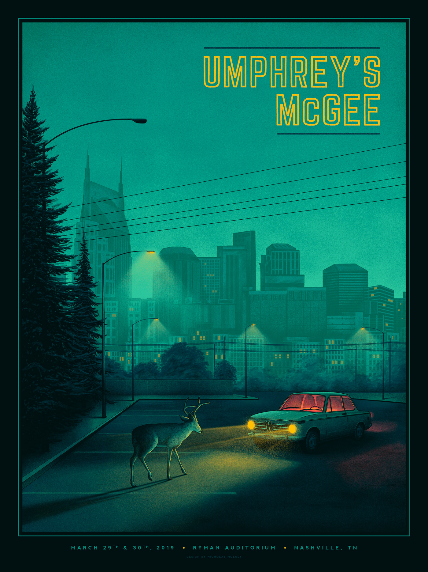 gig poster poster screen print Umphrey's McGee Nashville band deer night car