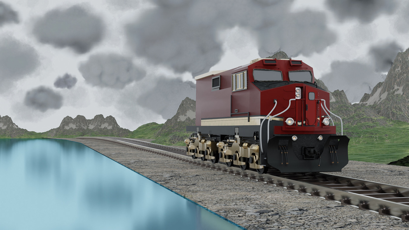 3D blender environment train mountain suburb river HardSurface modeling background artwork