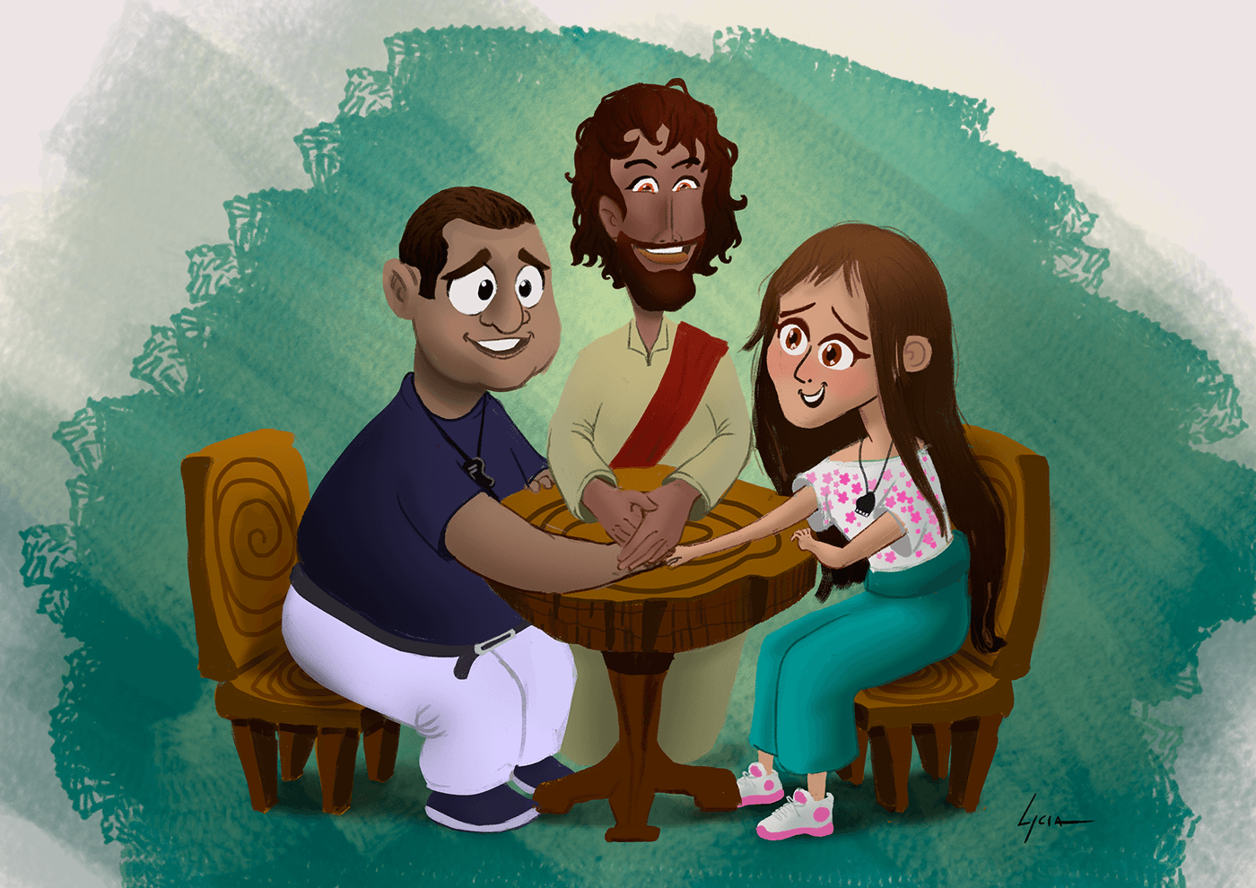 Casal e Jesus Conversam ao redor da mesa.