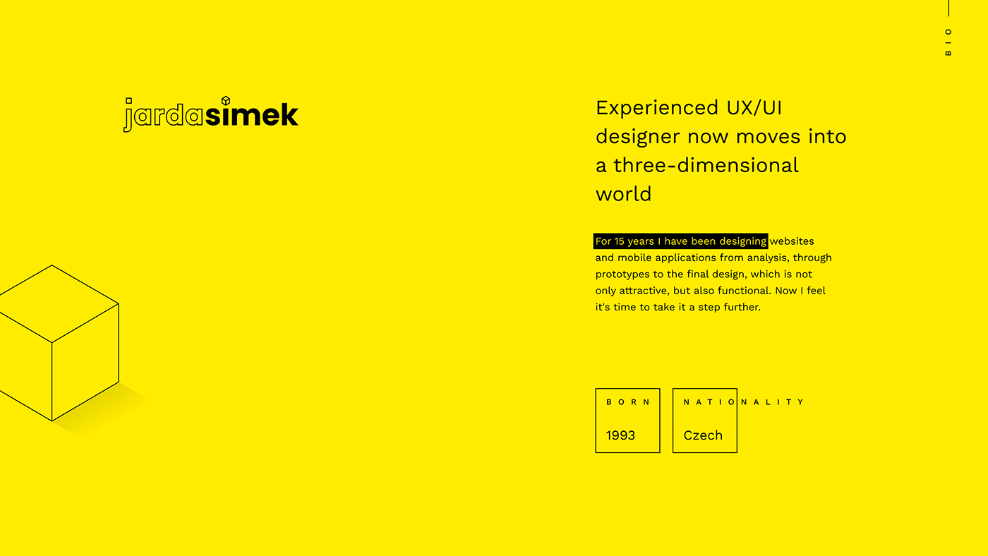 3d designer bio biography black and yellow CV designer portfolio Resume UX UI Designer personal branding