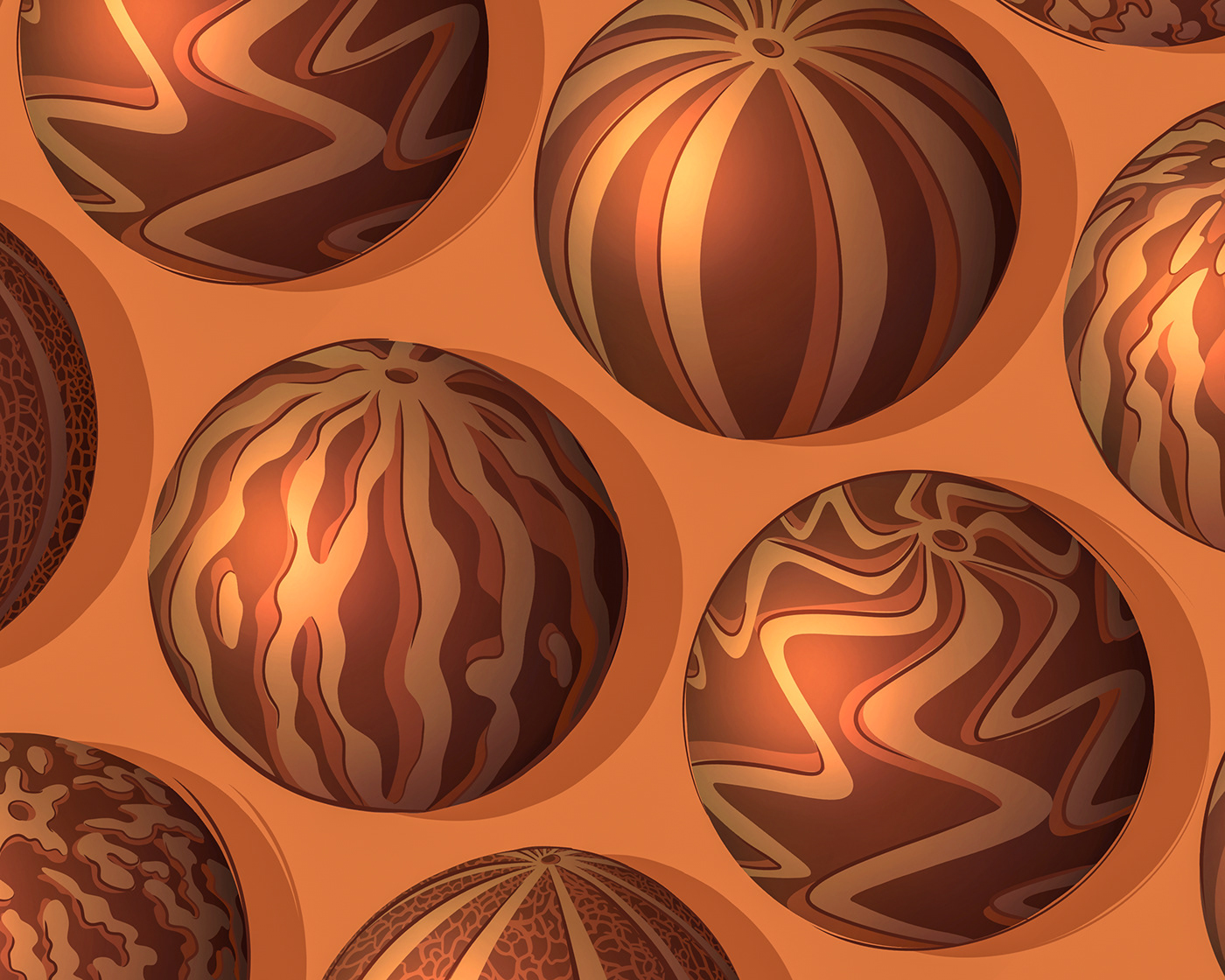 A pattern of 3D digital art of shiny caramel coloured melons.