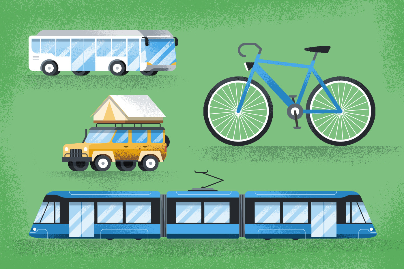 Illustrated icons of a bike, a bus, a jeep and a tram by Adrian Bauer