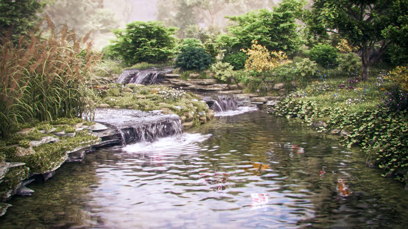 3ds max waterfall environment 3ds pond Nature CG phoenix fd