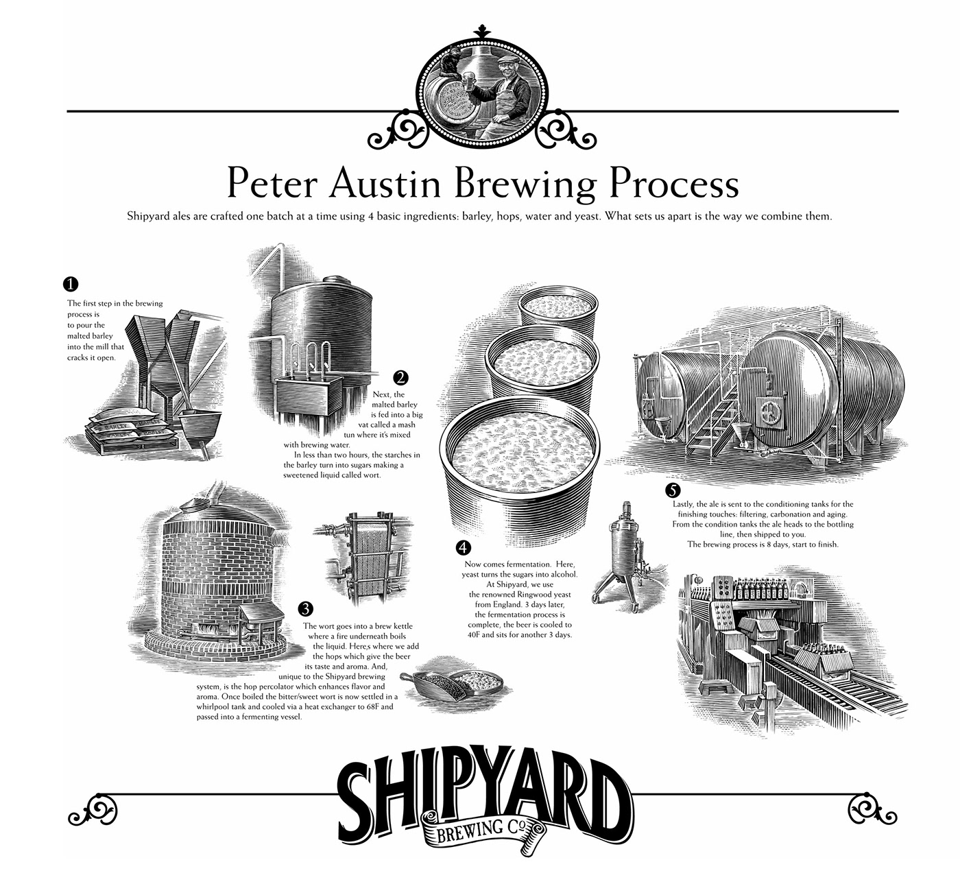 beer logo Poster Design engraving style illustrations hand drawn Shipyard beer Peter Austin Brewing beer brewing
