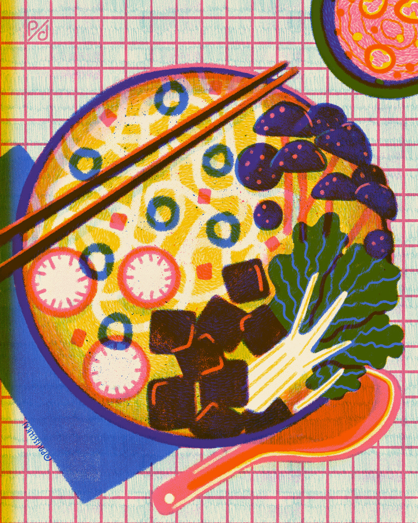 bowl cookbook Food  food illustration japanese food mushroom ramen risograph texture