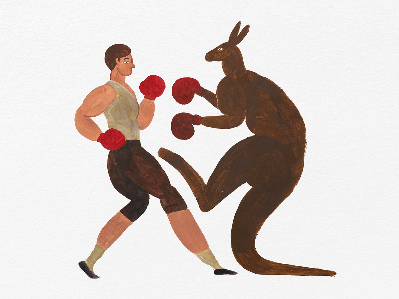 Illustration of a human and a kangaroo having a boxing match.