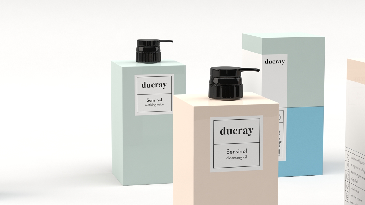 Ducray sensinol ducray sensinol rebranding redesign body lotion shampoo simple oil shower oil soothing lotion coditioner Sqaure bottle 3d bottle
