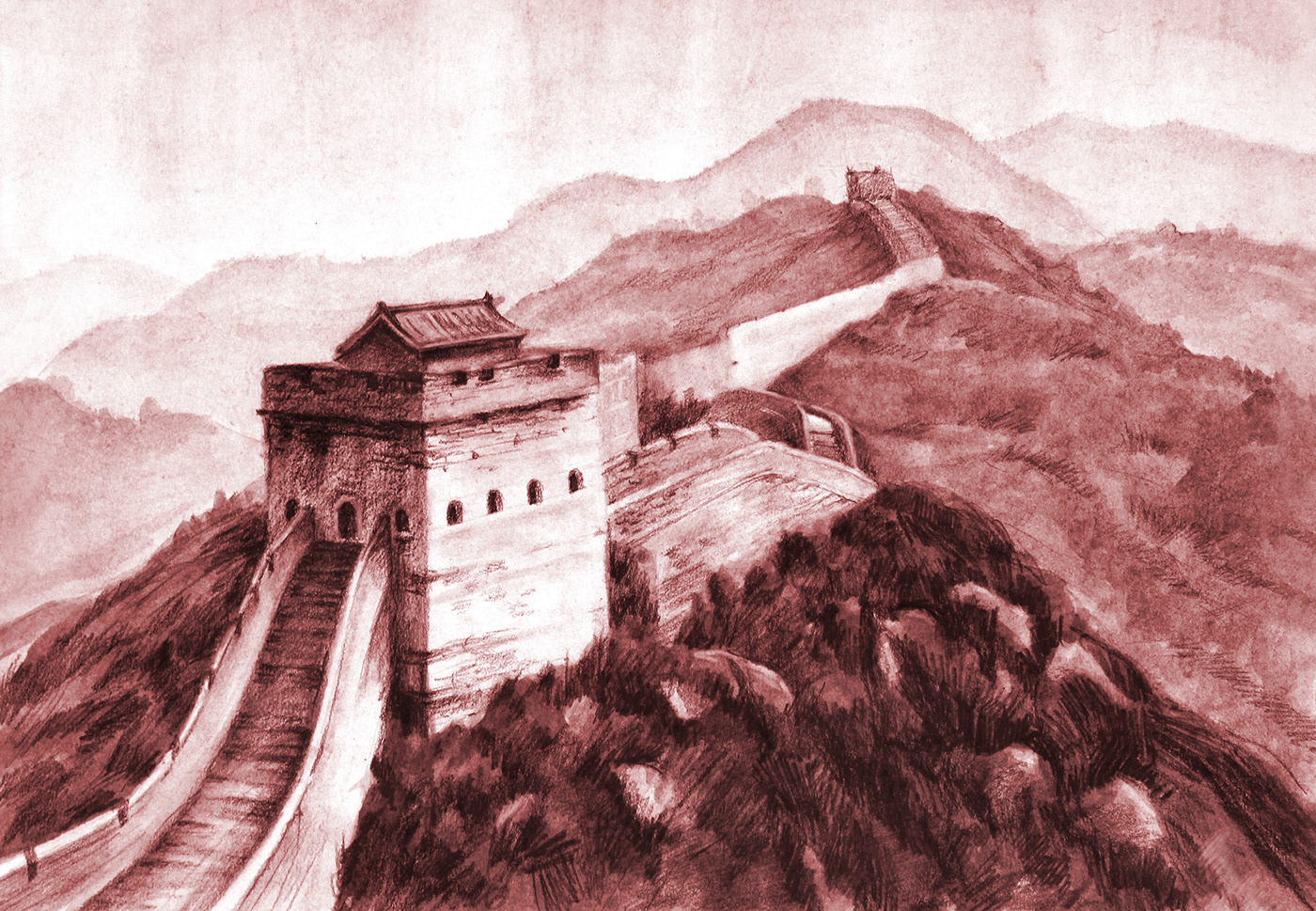 Ancient china chinese Landscape architecture graphics Nature mountains Great Wall of China sepia tone