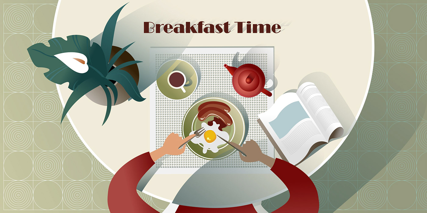 ILLUSTRATION  top view people_at_the_table утро breakfast landing page advertising leaflet Morning meeting cafe Vector Illustration