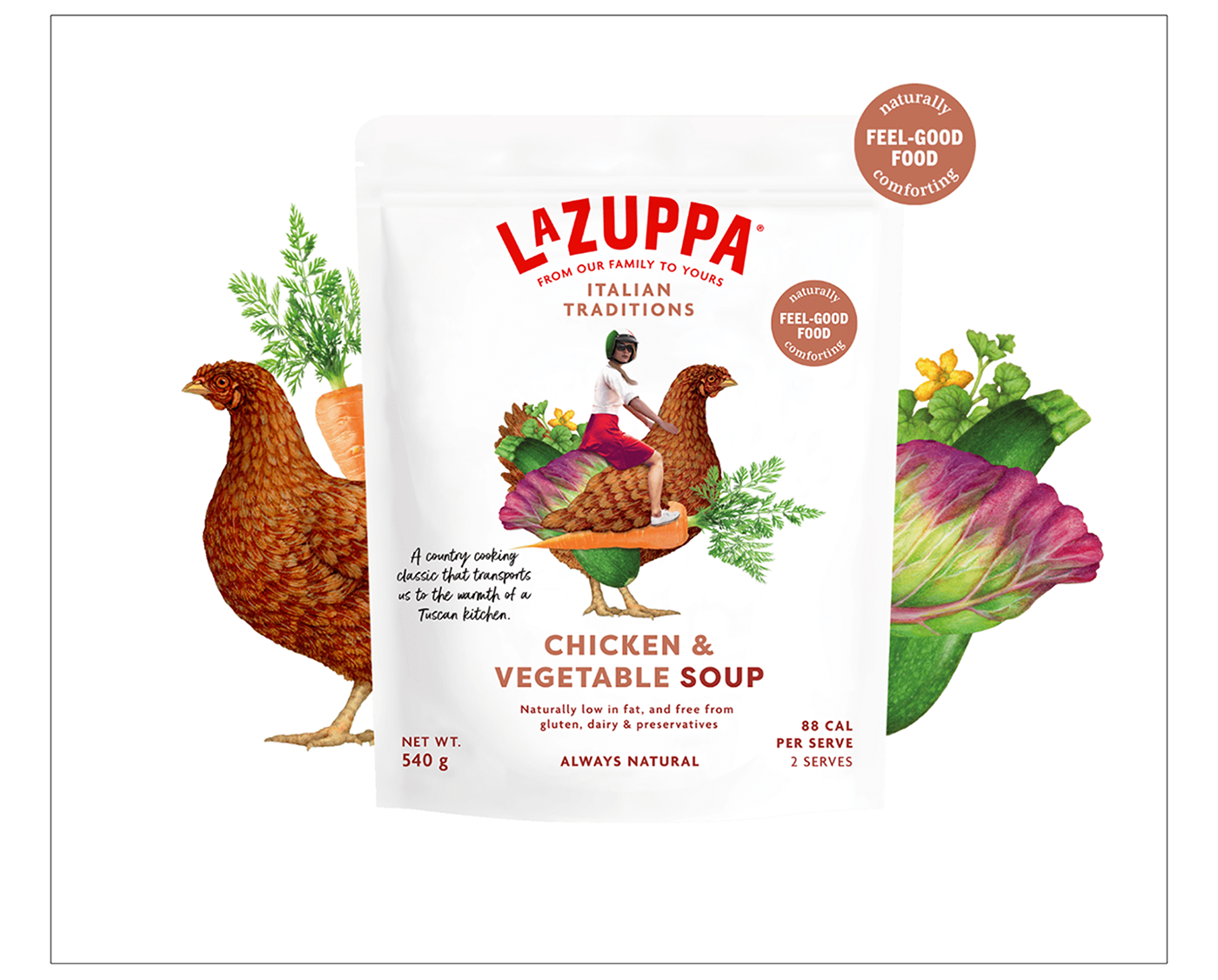 Chicken and zucchini illustrations used in a collage illustration for La Zuppa soup packaging.