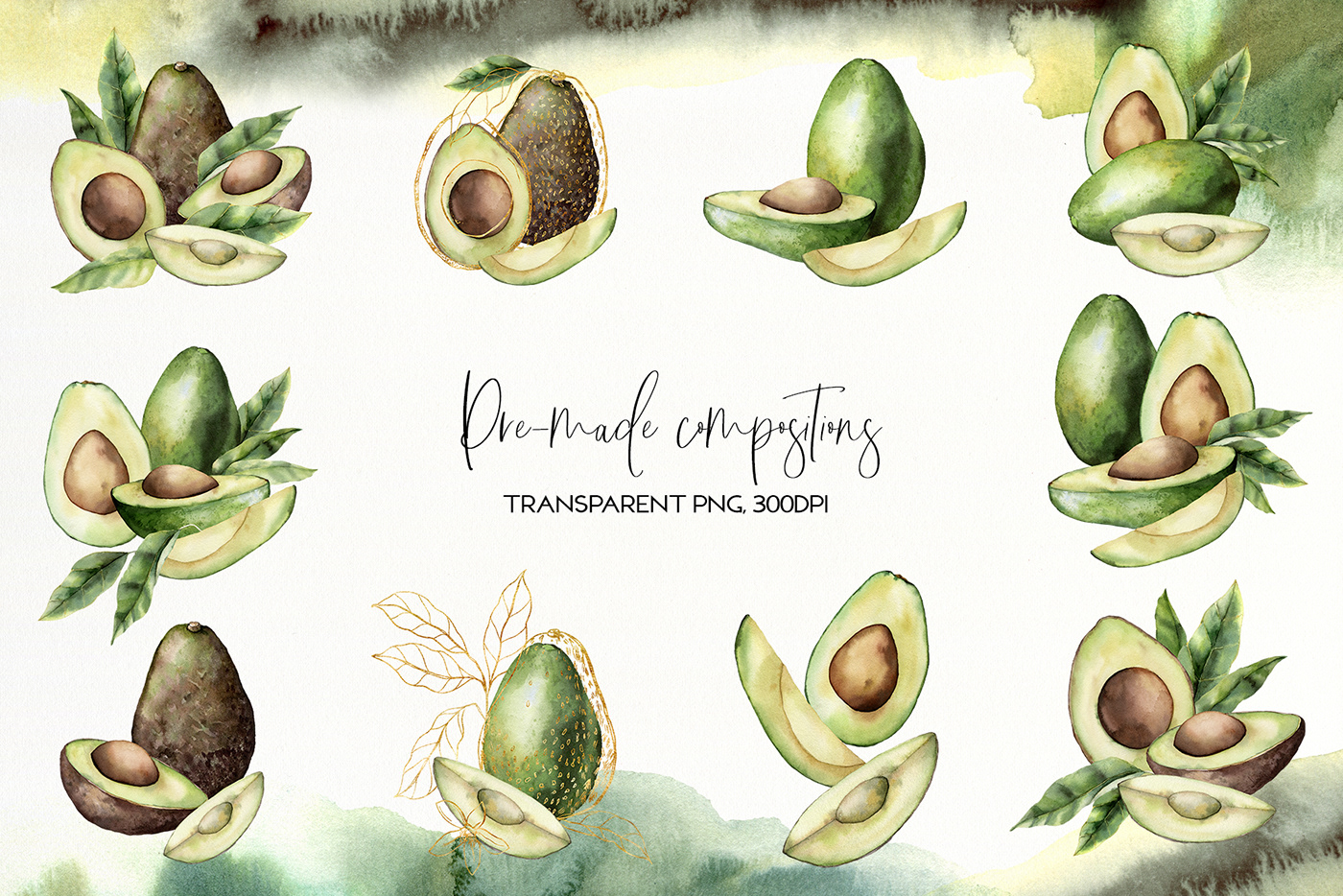 watercolor avocado Fruit leaves design botanical pattern floral Avocados Food 