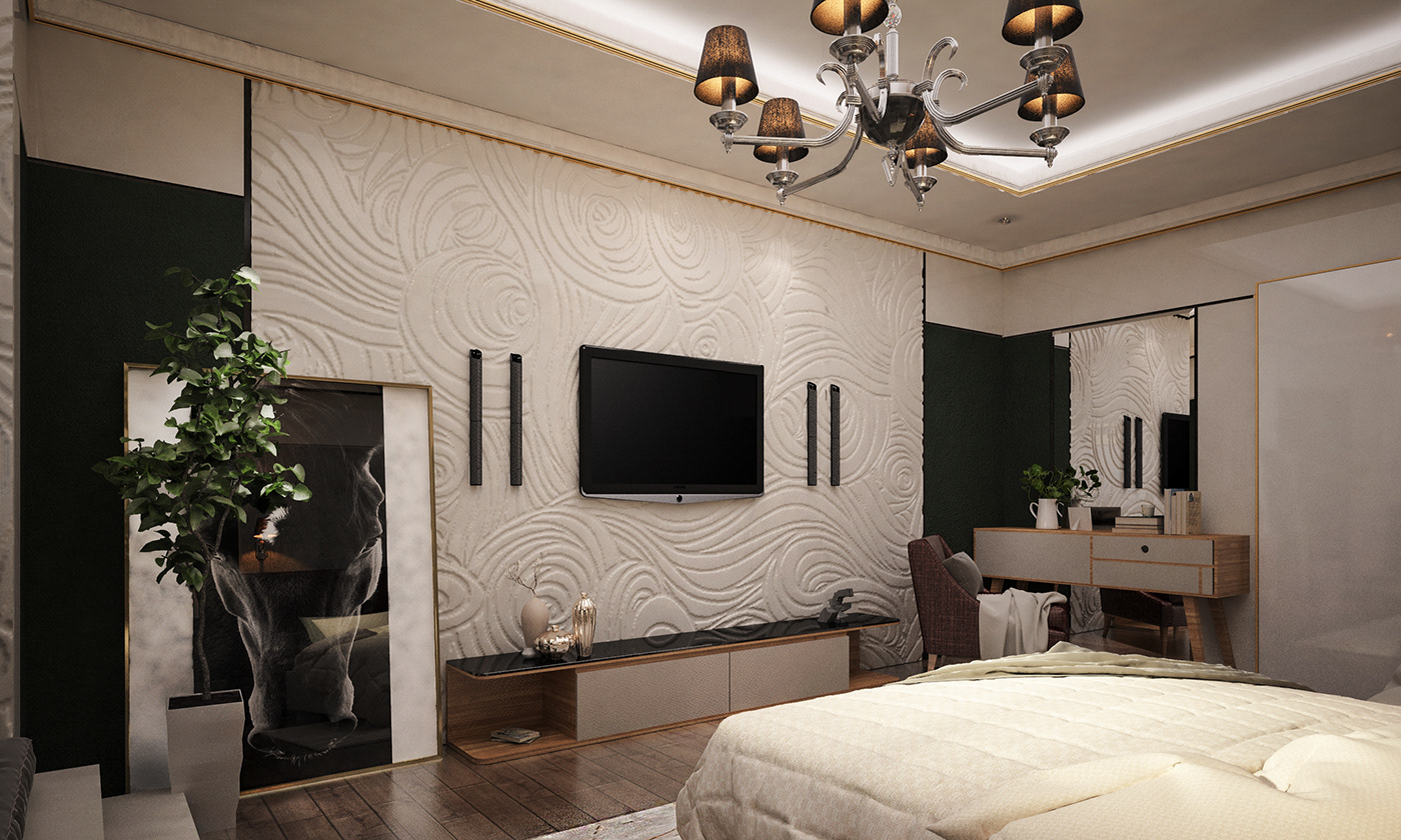 green bedroom design modern Tv unit mirror