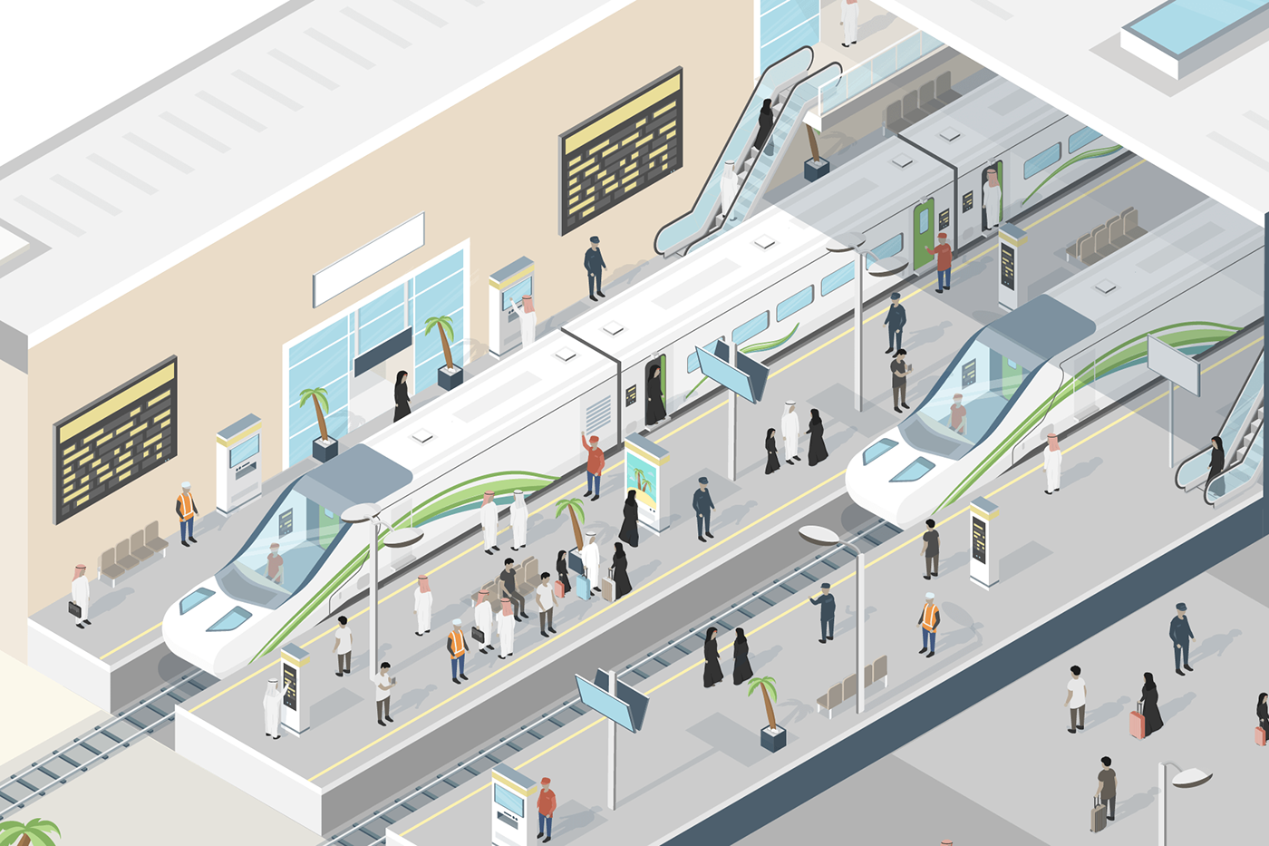 ILLUSTRATION  IoT smart city train station rail Saudi Arabia smart technology trains isometric illustration Character design 