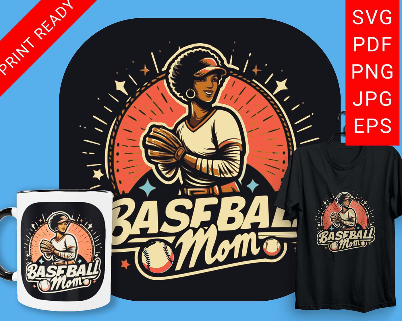 Baseball Mom SVG Black mum pitcher playing baseball Prints for ma t-shirts, mugs. Print Ready 