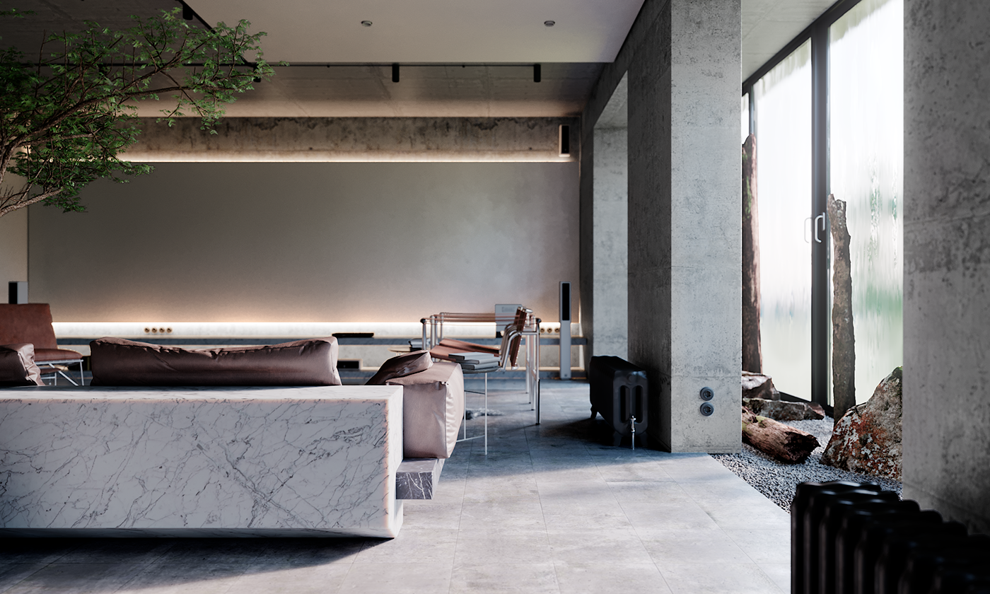 LOFT Marble Minimalism Tree  concrete apartment design Interior