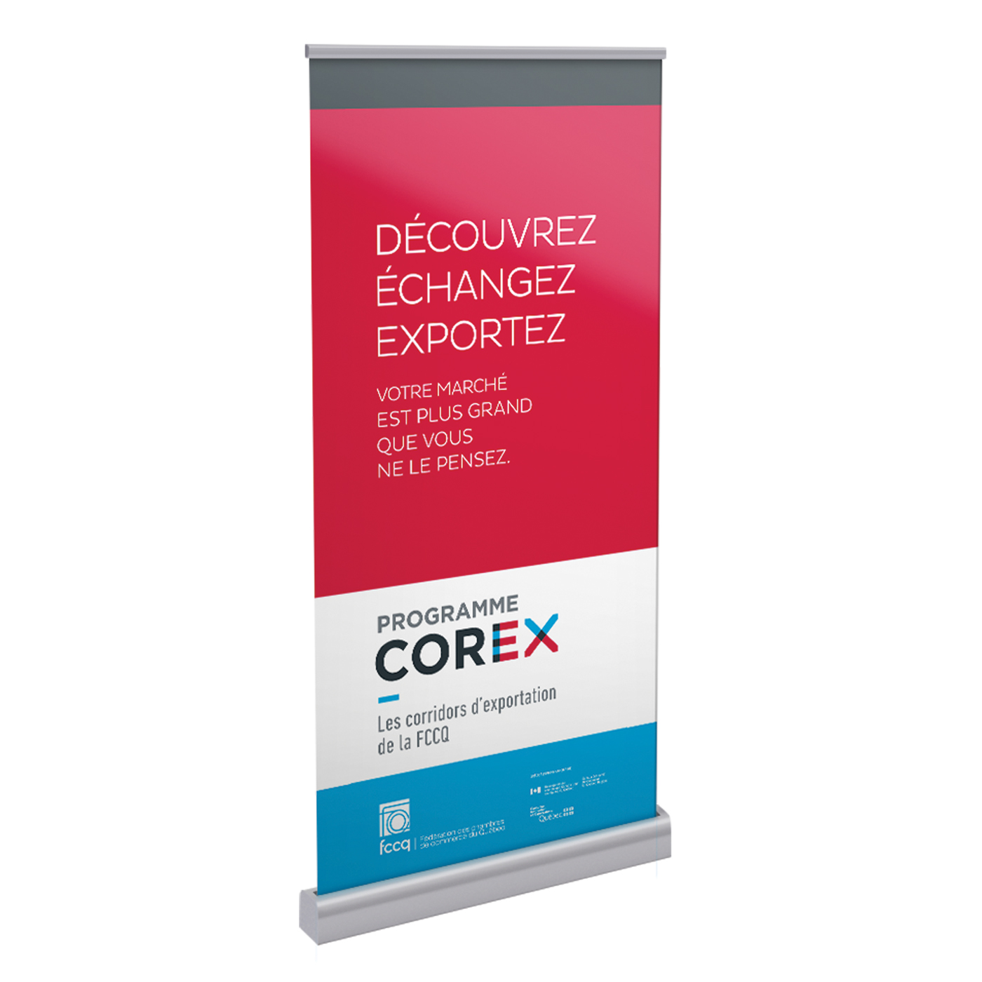 corex Us Quebec corridor brochure box press kit stationary banner Roll-Up blue red letter