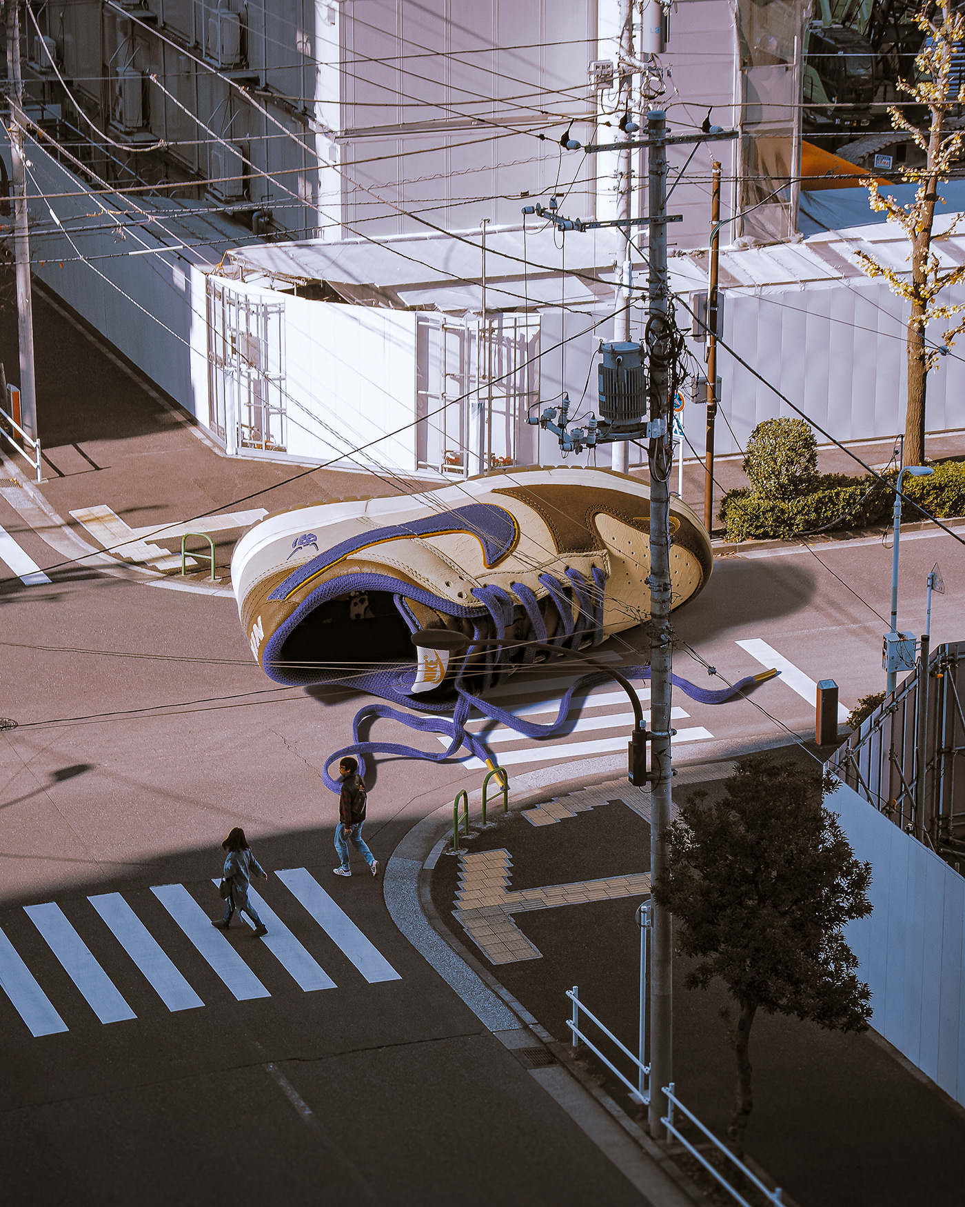 Giant sneaker photo composite on the street in Japan . Retouching using Photoshop