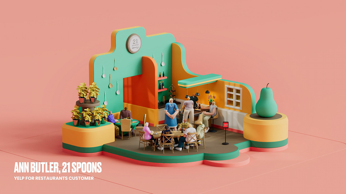 3D art direction  cinema4d design animation  ILLUSTRATION  restaurante set design  Yelp redshift