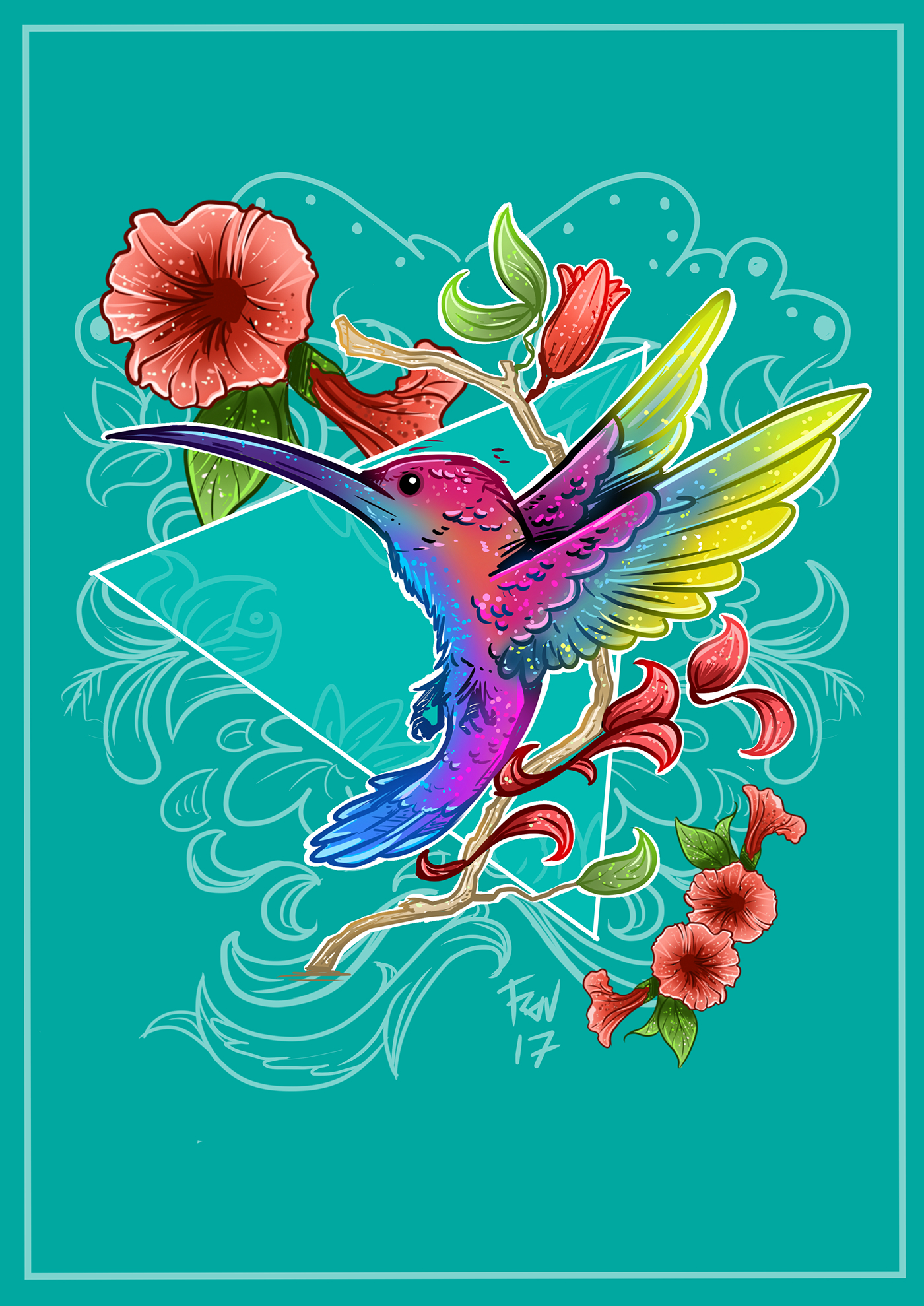 ILLUSTRATION  hummingbird floral digital illustration Digital Art  hummingbird illustration colibri