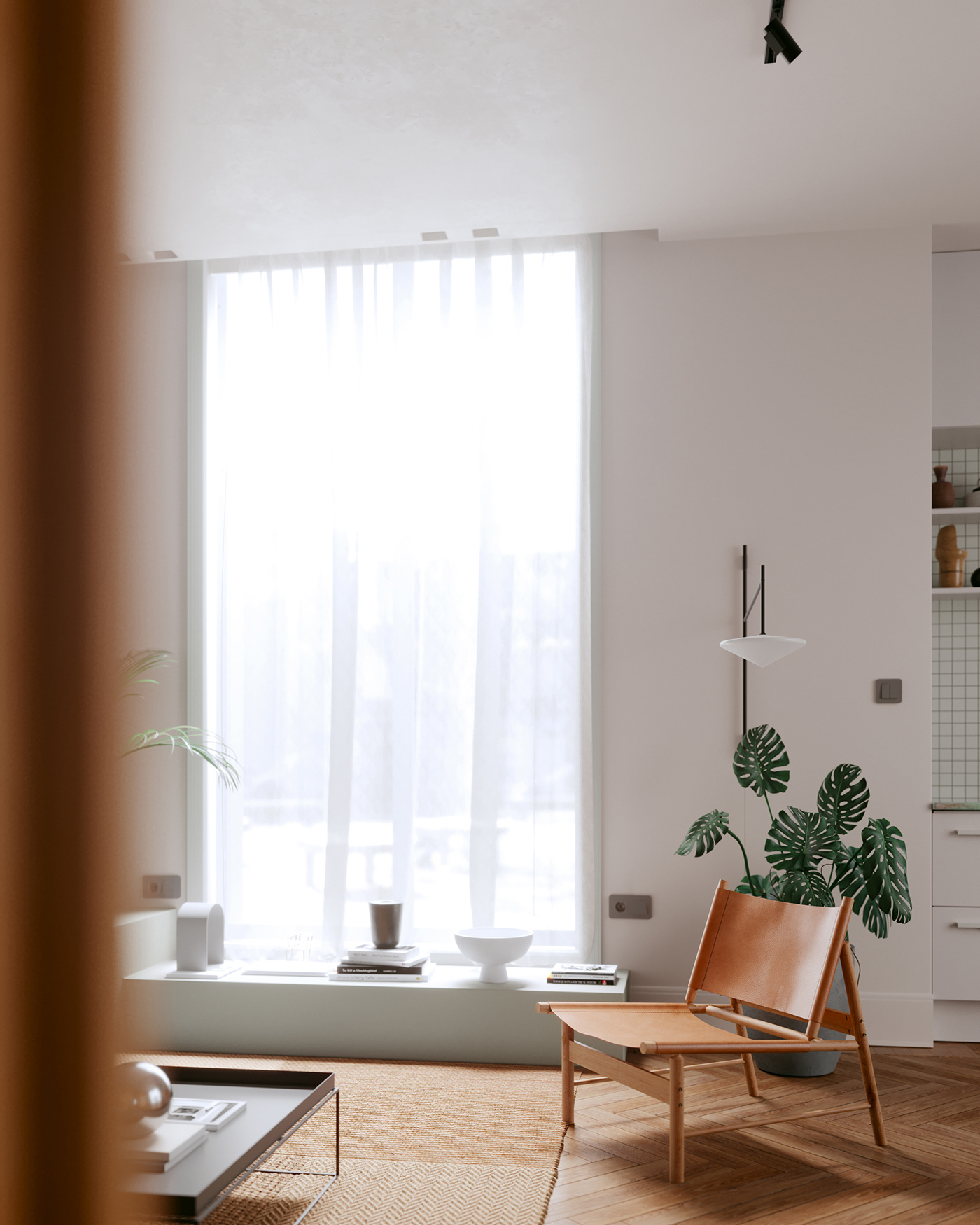 calm corona dining Interior kitchen minimal rendering Scandinavian siting visualisation